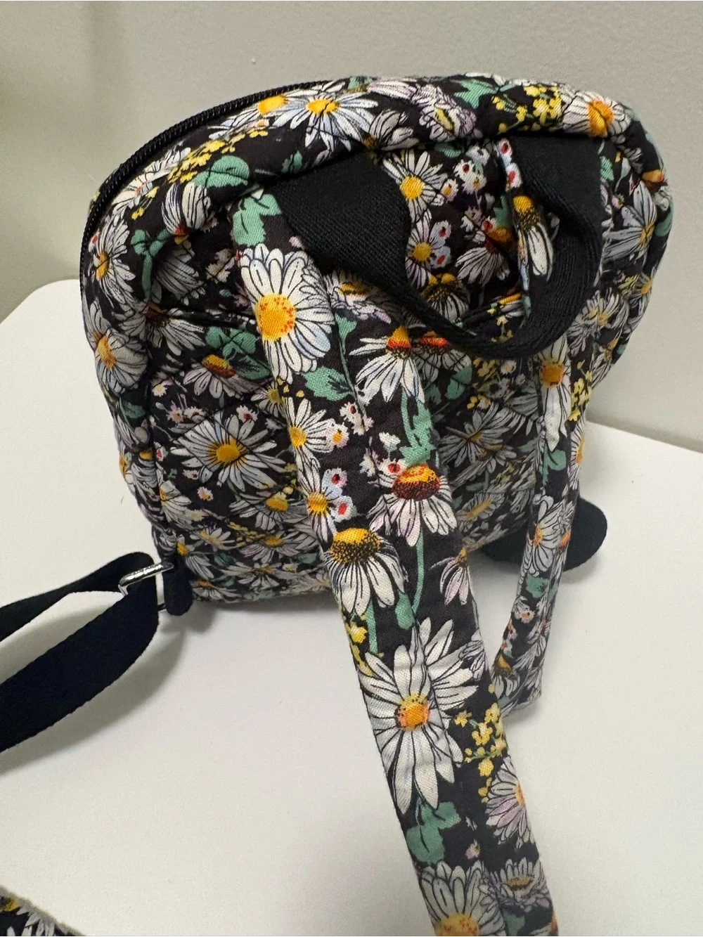 Vera Bradley Black Floral Quilted Mini Backpack with White Daisies